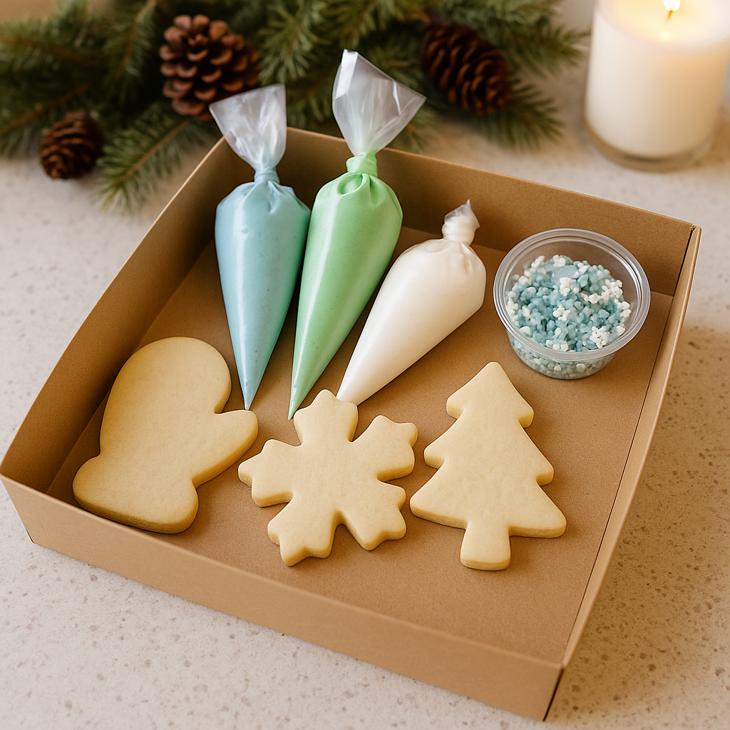 Box of Winter themed cookies with icing and sprinkles