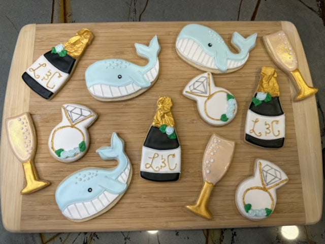 custom bachelorette sugar cookies champagne and whales