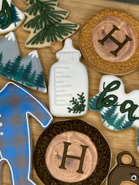 custom baby shower sugar cookies baby boy woodland theme baby bottle with pine