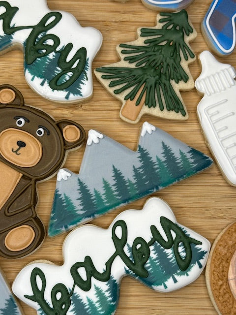 custom baby shower sugar cookies baby boy woodland theme mountain range