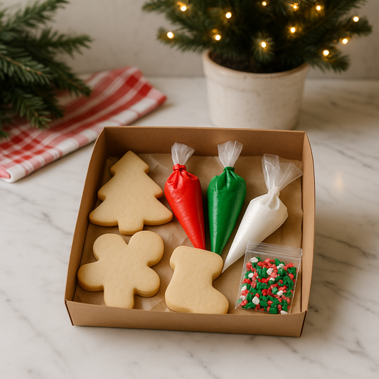 Box of Christmas themed cookies with bags of icing and sprinkles