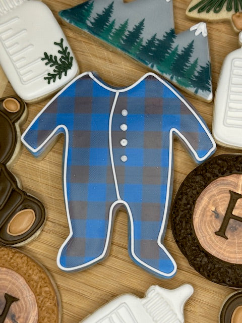 custom baby shower sugar cookies baby boy woodland theme blue plaid onesie