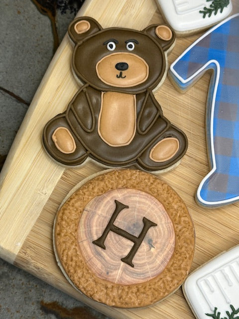 custom baby shower sugar cookies baby boy woodland theme bear and tree trunk