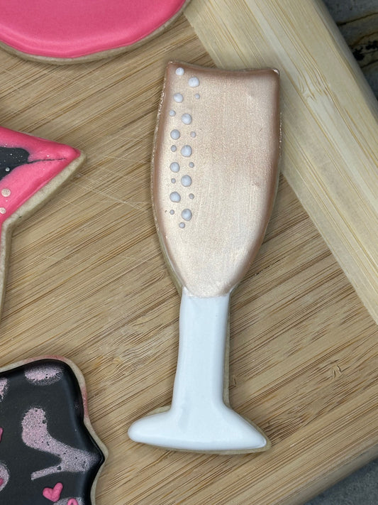 custom bachelorette sugar cookies, champagne glass sugar cookie rose gold color